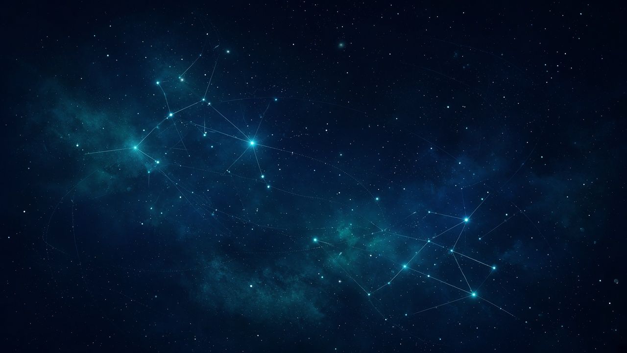 Teal constellations across a navy night sky