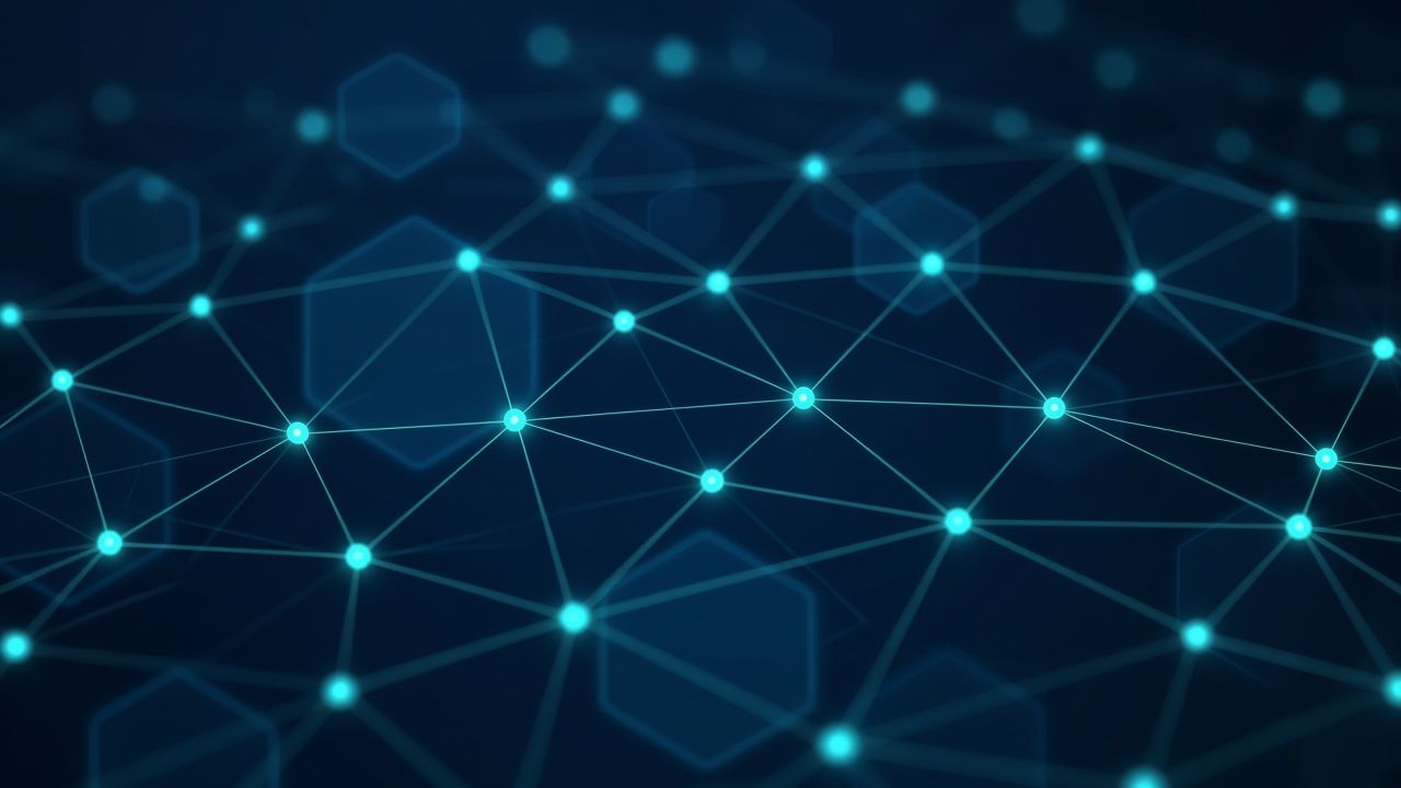 Abstract teal network mesh over dark navy
